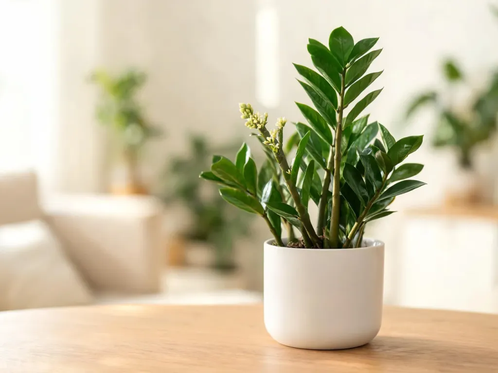Zamiokulkas w białej doniczce na stole, z wyróżnioną łodygą z drobnymi pąkami kwiatów w jasnym, nowoczesnym wnętrzu.