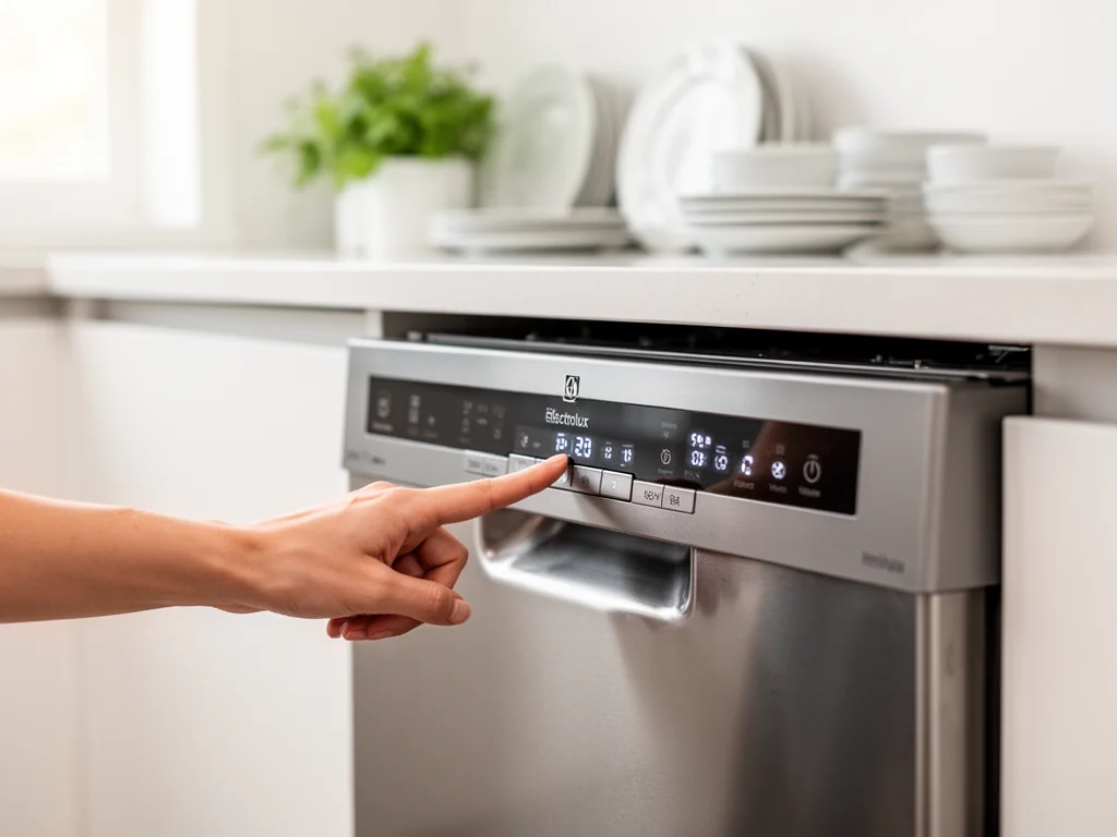 Dłoń uruchamia program czyszczenia na panelu zmywarki Electrolux w nowoczesnej, jasnej kuchni.