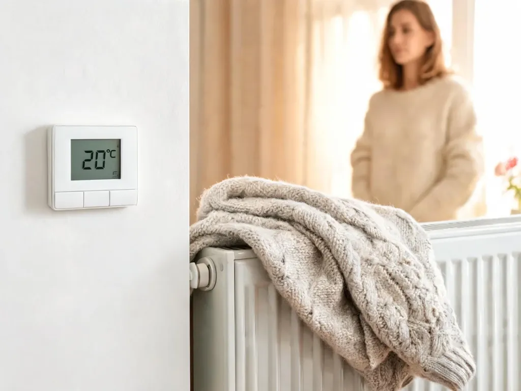 Termostat w zimowym mieszkaniu ustawiony na komfortową, niską temperaturę, zapewniającą ciepło i poczucie bezpieczeństwa.