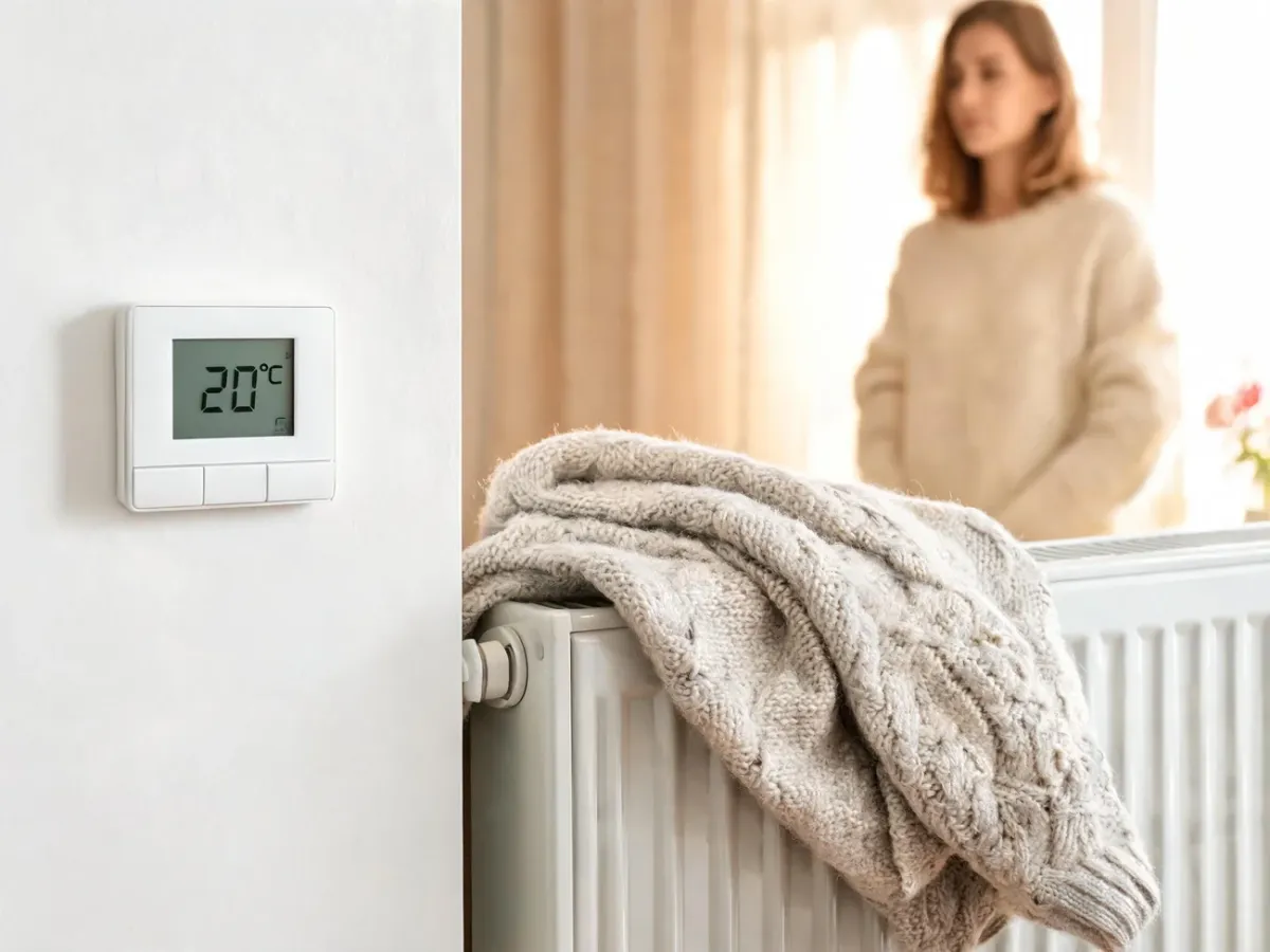 Termostat w zimowym mieszkaniu ustawiony na komfortową, niską temperaturę, zapewniającą ciepło i poczucie bezpieczeństwa.