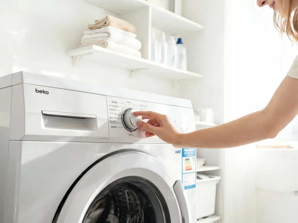 Ręka kobiety przekręca pokrętło na panelu pralki Beko, pokazując krok resetowania urządzenia w pralni.