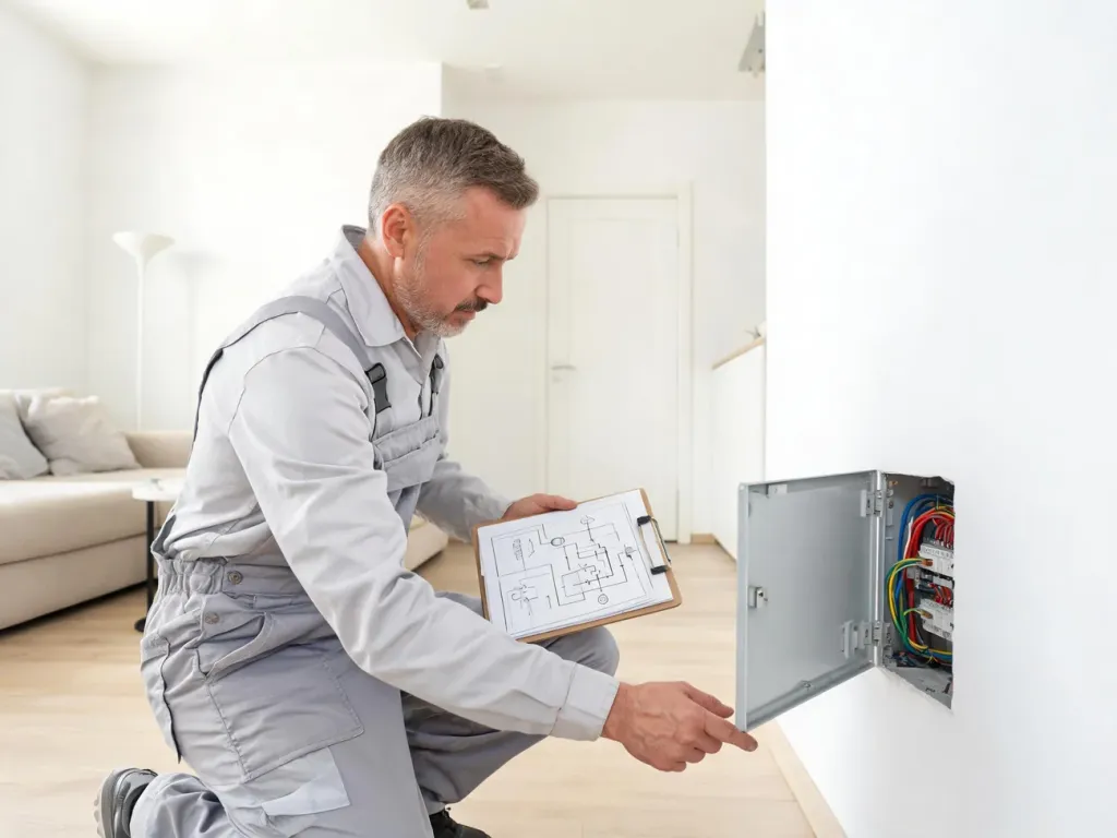 Elektryk sprawdza domową rozdzielnię elektryczną, korzystając ze schematu instalacji w nowoczesnym salonie.