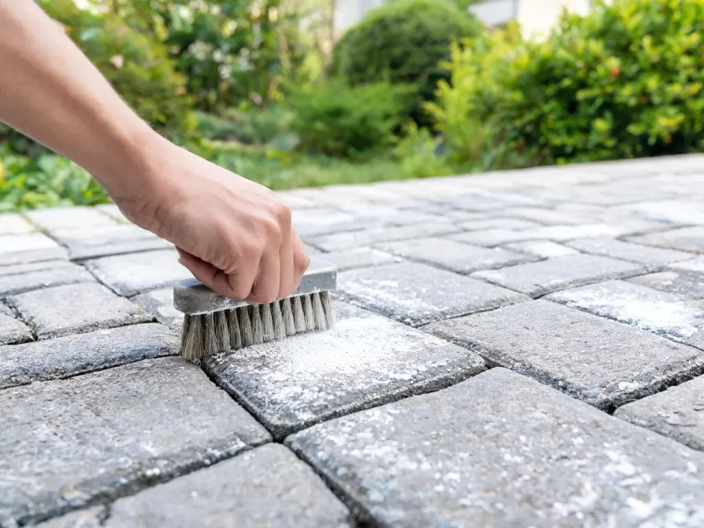 Dłoń czyści białe wykwity na szarej kostce brukowej szczoteczką na podjeździe w ogrodzie.