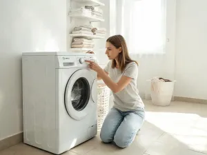 Kobieta naciska przycisk reset na panelu pralki Whirlpool w jasnej, uporządkowanej pralni domowej.