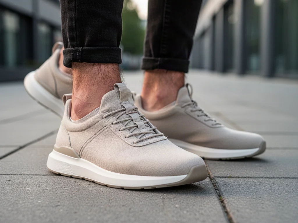 Stylowy sneaker z niewidocznym wiązaniem, prezentujący minimalistyczny sposób na schowanie sznurówek wewnątrz buta.