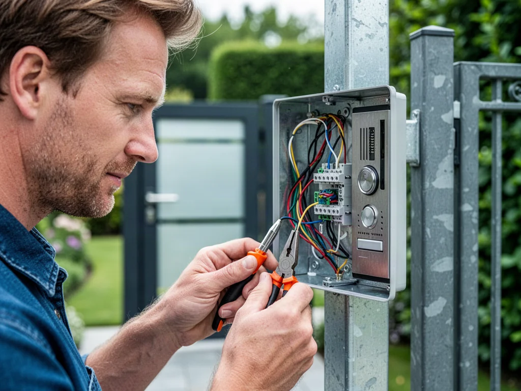 Mężczyzna podłącza przewody elektryczne w panelu domofonu zamontowanym na słupku ogrodzeniowym.