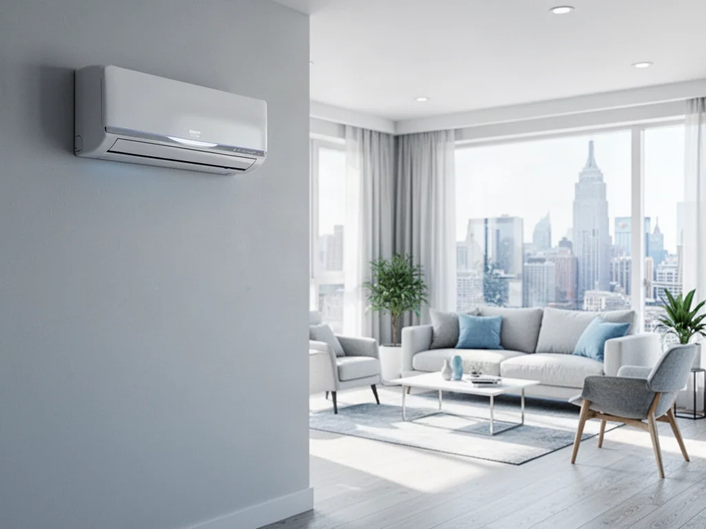 Nowoczesny klimatyzator ścienny zamontowany w jasnym, minimalistycznym salonie w stylu skandynawskim.