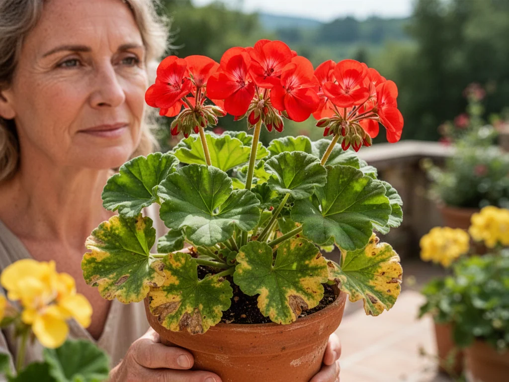 Dłonie trzymające pelargonię z widocznymi żółknącymi liśćmi, obrazujące problem chlorozy u roślin doniczkowych.