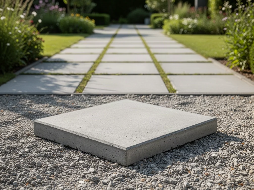 Szara betonowa płyta chodnikowa 50x50x7 cm leżąca na żwirowym podłożu przed ułożonym z takich samych płyt ciągiem pieszym.