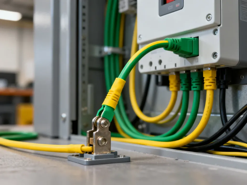 Żółto-zielony przewód uziemiający podłączony do zacisku w nowoczesnej rozdzielnicy elektrycznej.