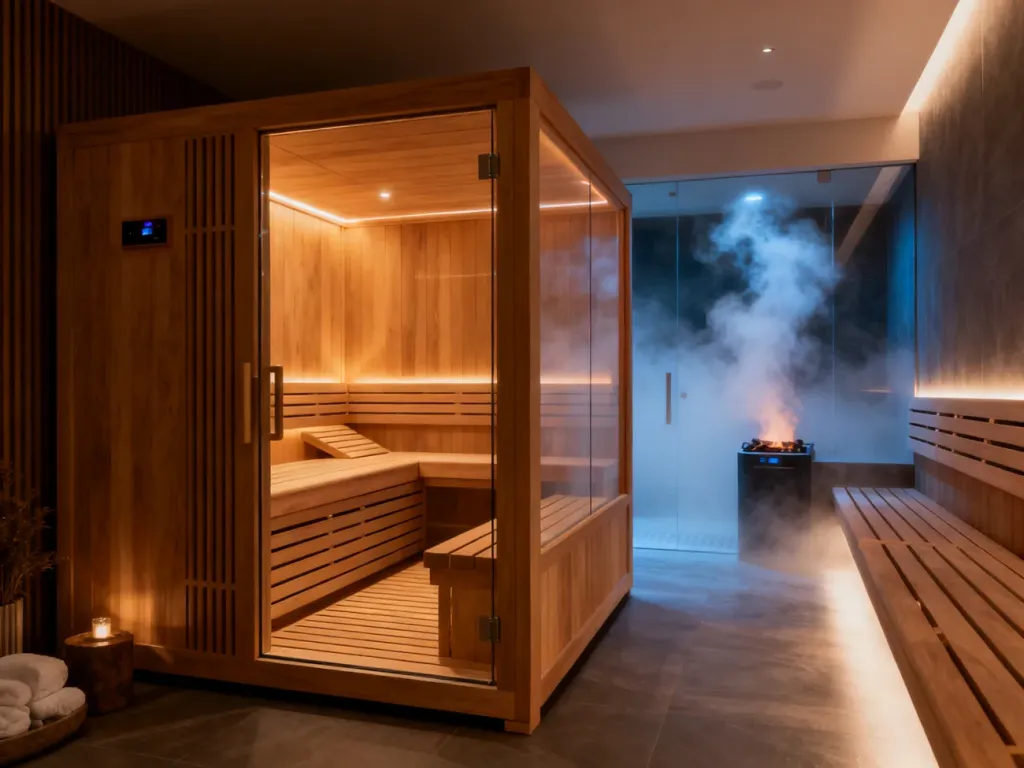 Nowoczesna strefa spa z sauną suchą na pierwszym planie i łaźnią parową w tle, ilustrująca kolejność korzystania z zabiegów.