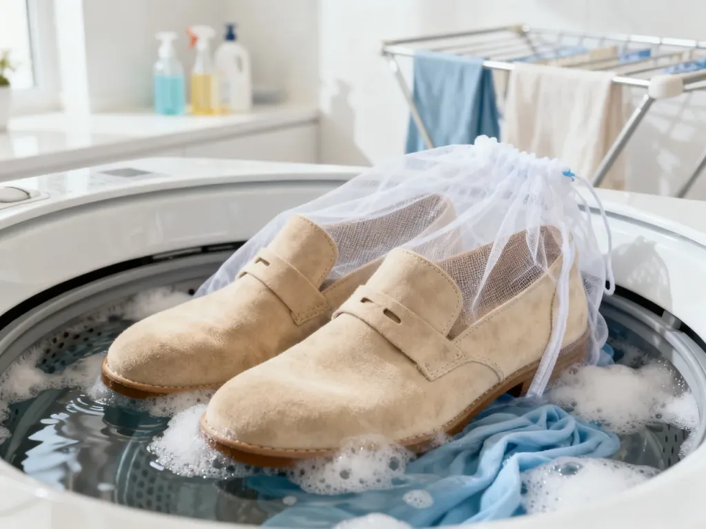 Zamszowe buty umieszczone w ochronnym worku do prania wewnątrz bębna pralki.